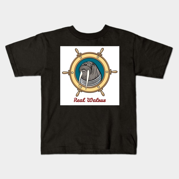 Walrus in seaman shirt against steering wheel drawn in cartoon style. Kids T-Shirt by devaleta